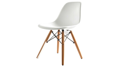 White plastic chair with wood and black metal legs on black
