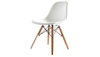 White plastic chair with wood and black metal legs on black