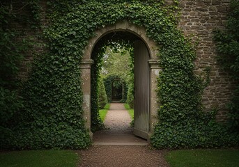 Fototapeta premium An enchanting, secluded garden entrance, framed by ancient stone and climbing ivy, hints at a hidden, tranquil world within ,exploration ,calm ,sanctuary
