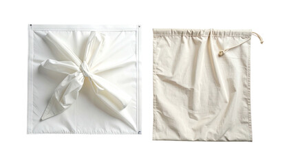 Square of white fabric knotted, and matching drawstring bag