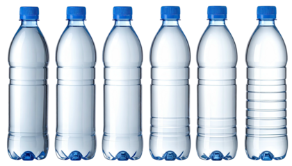 Six clear plastic water bottles in a row, all with blue lids