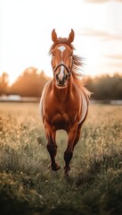 Obraz premium Majestic Thoroughbred Horse Galloping Through Lush Grassland Under a Beautiful Sunset Sky.