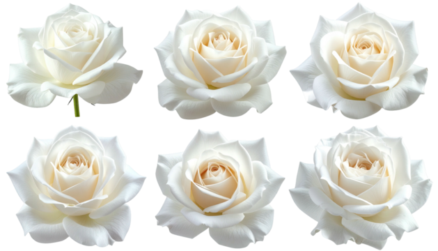 Six delicate white roses displayed against a black backdrop