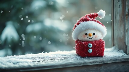 A photographic image of a small cube-shaped Santa plush with fluffy red hat, embroidered smile, and button eyes, sitting on a snowy windowsill of an old wooden cabin.