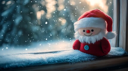 A photographic image of a small cube-shaped Santa plush with fluffy red hat, embroidered smile, and button eyes, sitting on a snowy windowsill of an old wooden cabin.