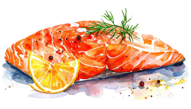 Salmon fillet, lemon, dill, watercolor painting food illustration - Powered by Adobe