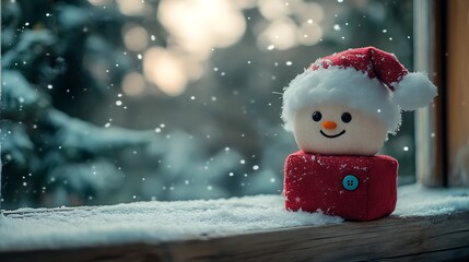 A photographic image of a small cube-shaped Santa plush with fluffy red hat, embroidered smile, and button eyes, sitting on a snowy windowsill of an old wooden cabin.