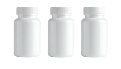 Three white, plastic, medicine bottles sit next to each other