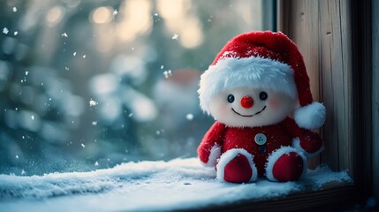 A photographic image of a small cube-shaped Santa plush with fluffy red hat, embroidered smile, and button eyes, sitting on a snowy windowsill of an old wooden cabin.