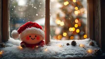 A photographic image of a small cube-shaped Santa plush with rosy cheeks and fluffy red hat, resting on a snowy windowsill inside a cozy cottage.