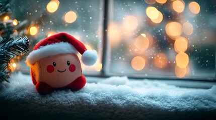 A photographic image of a small cube-shaped Santa plush with rosy cheeks and fluffy red hat, resting on a snowy windowsill inside a cozy cottage.