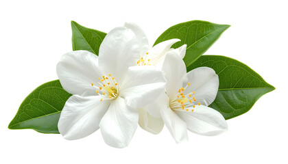 Two pristine white jasmine blossoms amidst verdant green leaves