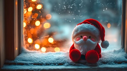 A photographic image of a small cube-shaped Santa plush with rosy cheeks and fluffy red hat, resting on a snowy windowsill inside a cozy cottage.