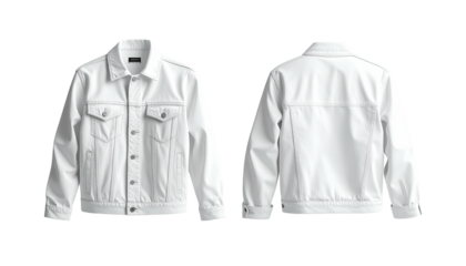 White denim jacket, front and back views, button closure