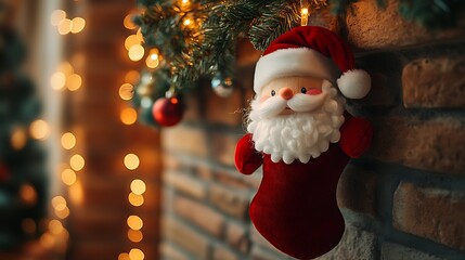 A photographic image of a soft cube-shaped Santa plush with rosy cheeks and fluffy white beard, tucked inside a red velvet Christmas stocking hanging from a rustic brick fireplace.