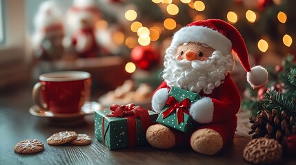 A photographic image of a small cube-shaped Santa plush, holding a miniature green gift box with a red bow, placed on a wooden table next to Christmas cookies and hot cocoa.