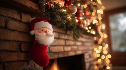 A photographic image of a soft cube-shaped Santa plush with rosy cheeks and fluffy white beard, tucked inside a red velvet Christmas stocking hanging from a rustic brick fireplace.