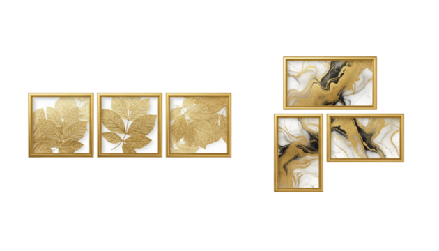Classic and modern gold frame sets wall art display, isolated on transparent background