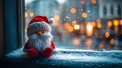 A photographic image of a tiny cube-shaped Santa plush with fluffy beard and red hat, sitting on a snow-covered windowsill overlooking a frosty town square.