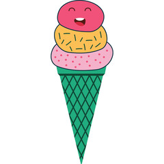 Whimsical Three Scoop Ice Cream Cone With A Happy Smiling Face And Sprinkles On A Transparent Background
