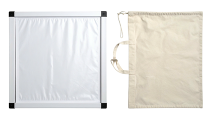 Framed white screen next to an off-white canvas bag
