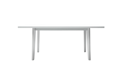 Frontal view of a white rectangular table against black backdrop