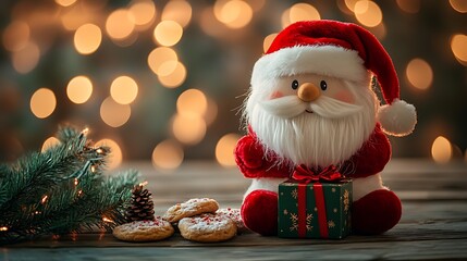 A photographic image of a cube-shaped Santa plush toy with fluffy red fabric and white beard, holding a miniature green gift box with a red bow,