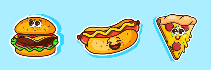 Collection of Cute Stickers Fast Food Burger, Hot Dog, and Pizza Kawaii Design Cartoon