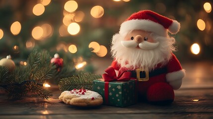 A photographic image of a cube-shaped Santa plush toy with fluffy red fabric and white beard, holding a miniature green gift box with a red bow,