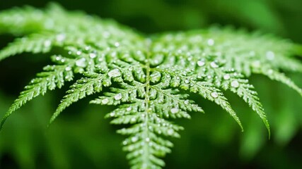 Close-up of a vibrant green fern frond covered in water droplets against a blurred green background - Powered by Adobe