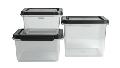 Three stackable clear plastic containers with black lids