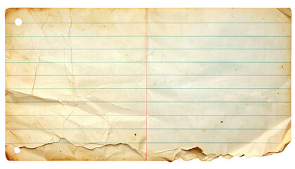 Aged, wrinkled lined paper. Creased, ripped edges, worn spots