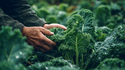 Hands inspecting fresh kale
