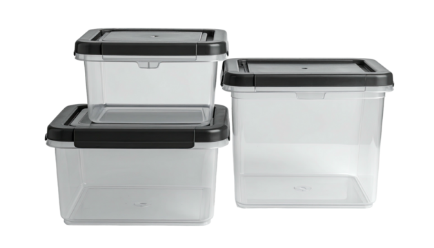 Three stackable clear plastic containers with black lids