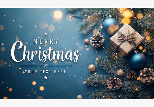 Blue Christmas Card With Gifts And Decorations Mockup