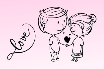 Cute Cartoon Doodle Couple Holding Hands with Love Script and Hearts - 1