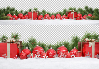 Christmas Scene Isolated with Red Decorations and Gifts on Snow