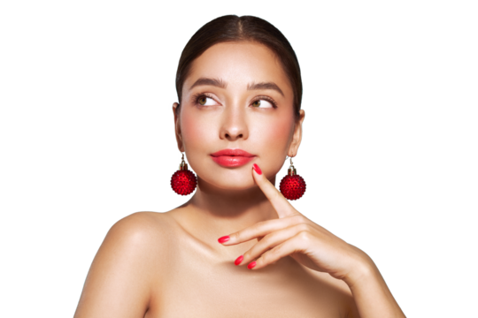 Portrait of beautiful young woman on transparent background, red lipstick and festive makeup, Christmas toy earrings, shiny glowing skin, Winter holidays concept