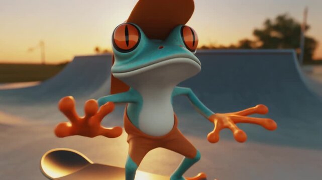 A vibrant cartoon frog with red eyes and a mohawk, wearing orange shorts, balancing on a skateboard in a skatepark at sunset.