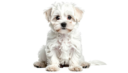 Small, fluffy, white puppy sitting and staring at the viewer