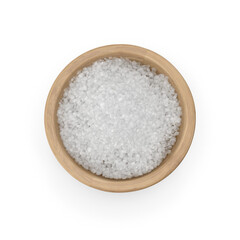 coarse or rock natural sea salt in brown bowl isolated on transparent background. Clipping path. Top view.