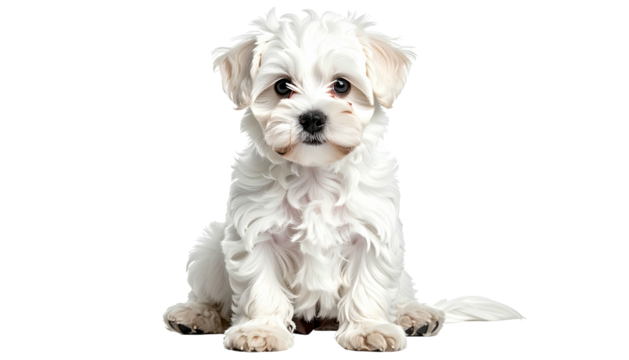 Small, fluffy, white puppy sitting and staring at the viewer
