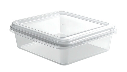Empty, square, clear plastic container with lid, slightly angled