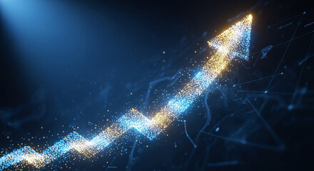 Abstract Upward Arrow Formed By Glowing Blue And Yellow Particles Against A Dark Backdrop