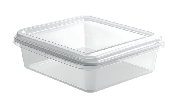 Empty, square, clear plastic container with lid, slightly angled