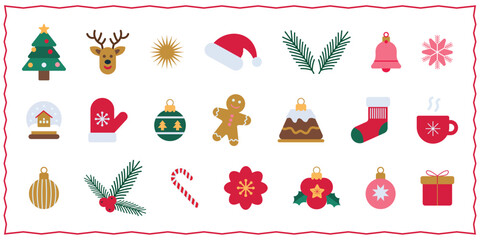 Collection of Christmas elements and ornaments for decorations on transparent background and festive pattern