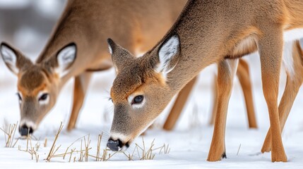 Obraz premium Two Graceful White Tailed Deer foraging in a Snow Covered Pasture under Bright Winter Sunshine