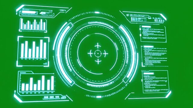 Futuristic digital display, interface with data visualization, charts, graphs, and radar screen