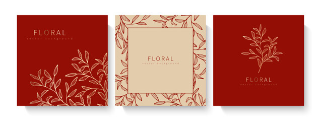 Elegant luxury red background with hand drawn gold flower pattern. Floral frame.