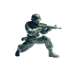 Green plastic soldier figure, crouched, aiming rifle